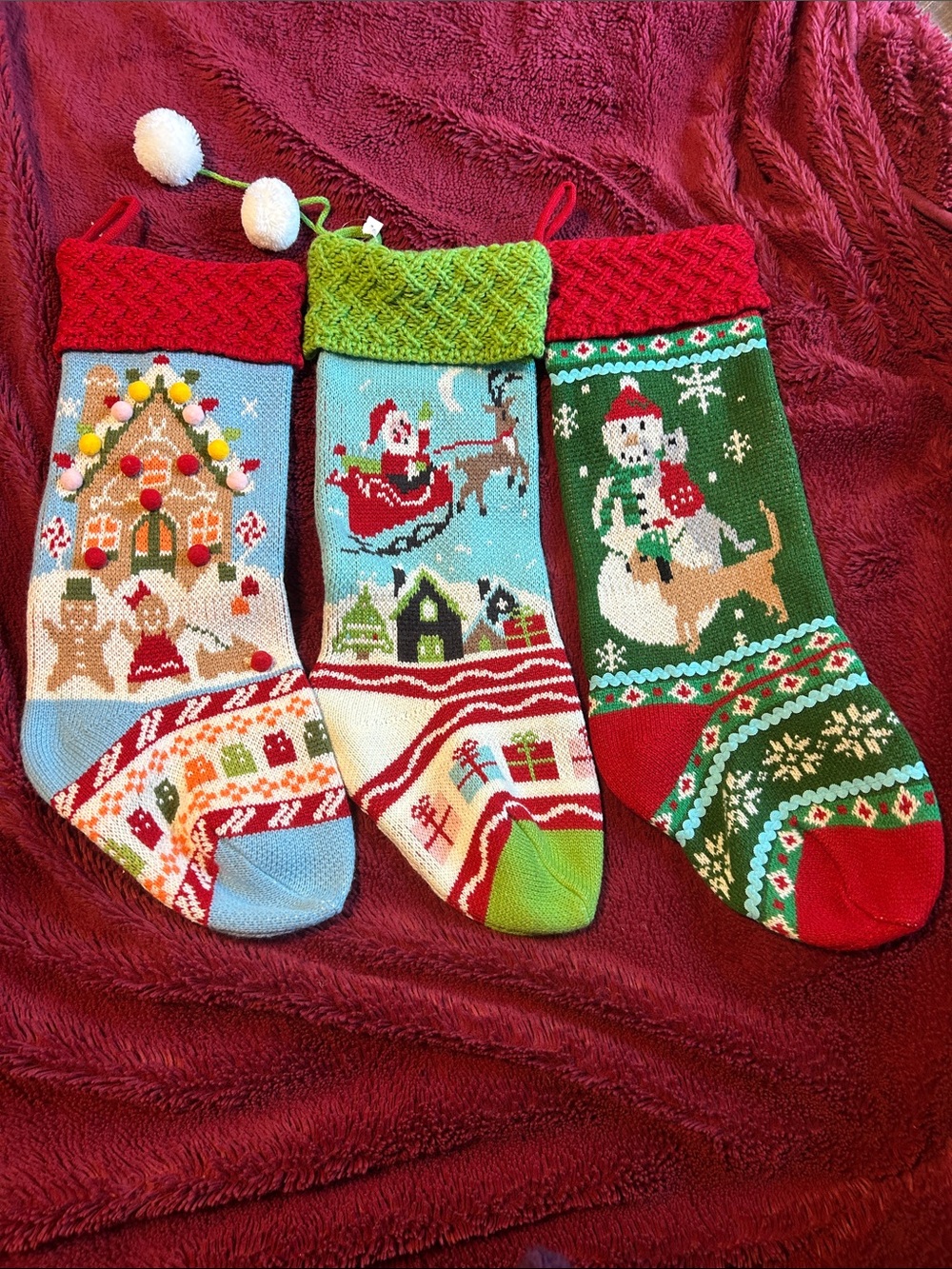 Cost Plus World Market Festive Holiday Knit Christmas Stockings – set of 3